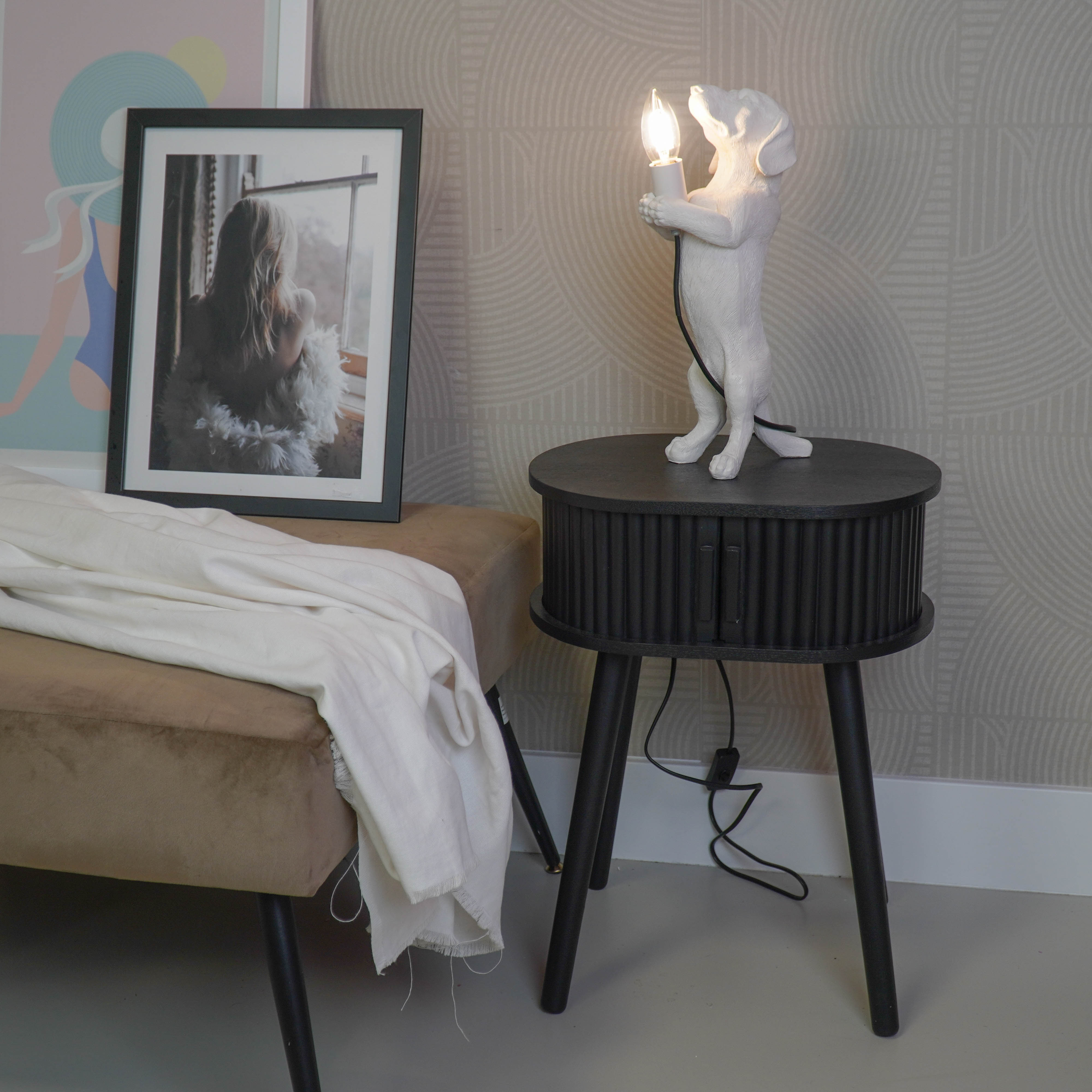 Side Table - Bedside Table with Slat Sliding Door - Black - 40x30x53cm