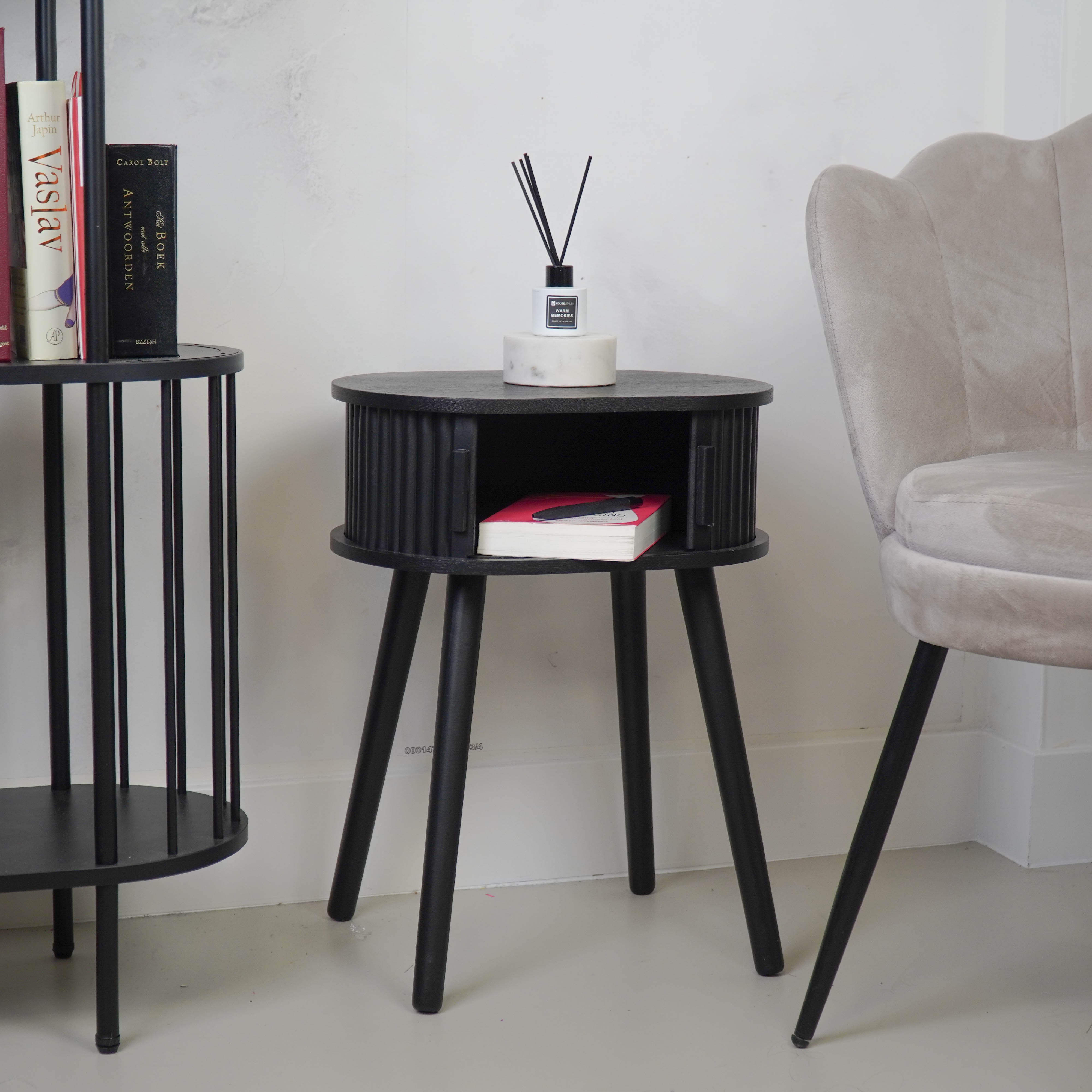 Side Table - Bedside Table with Slat Sliding Door - Black - 40x30x53cm