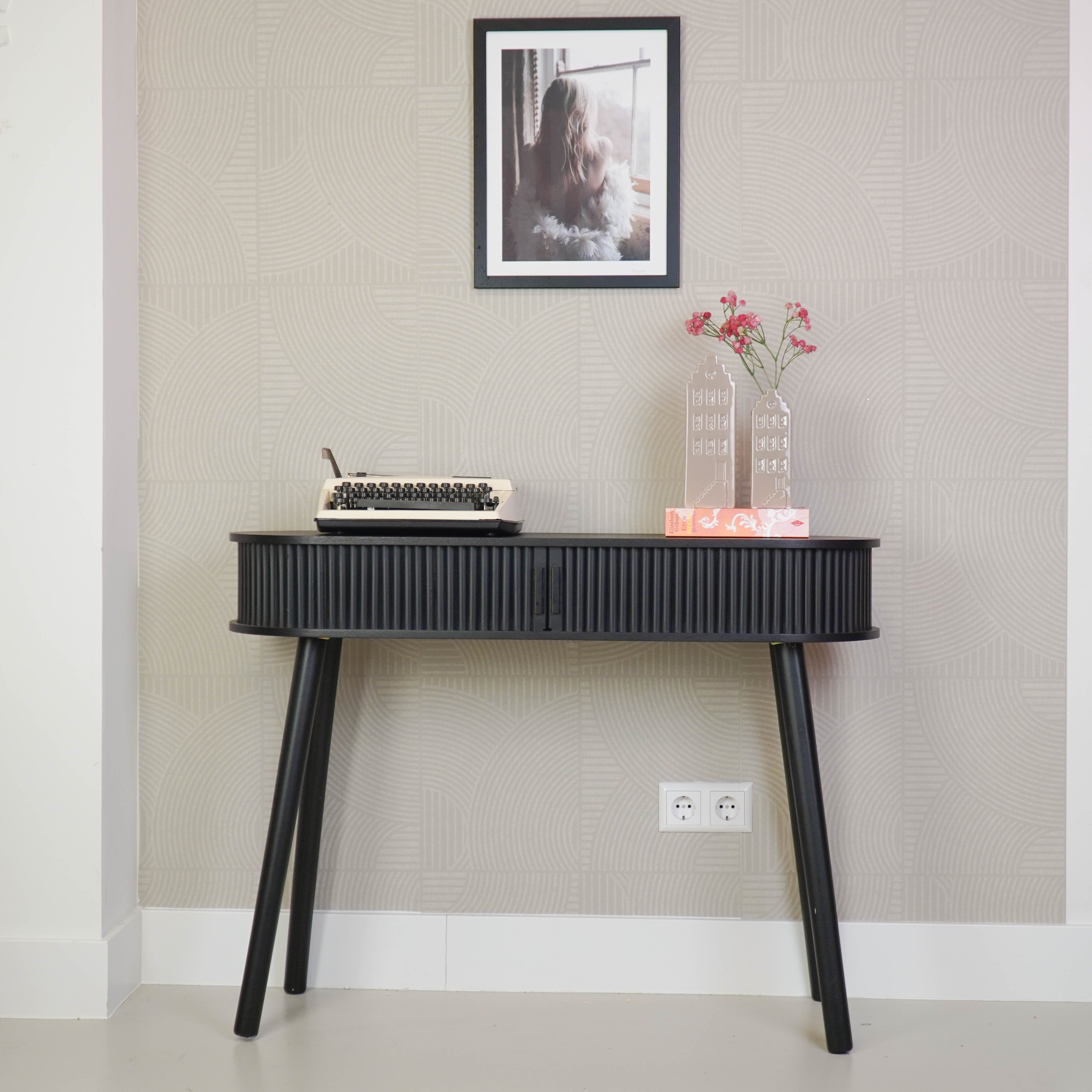 Dressoir - Met Schuifdeur van Latten - Zwart - 100x33x76cm