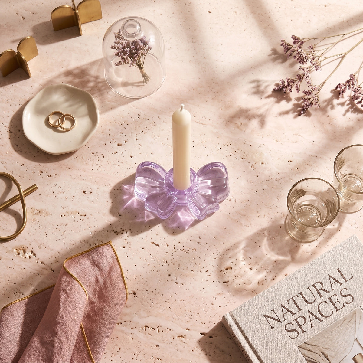 Kaarshouder - Kandelaar Strik - Glas - Roze - 9,5x6,5x2,5 cm