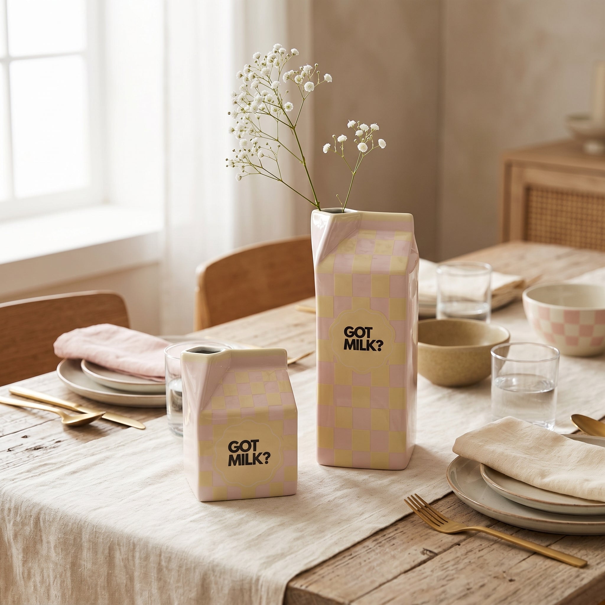 Bloemenvaas - Melkpak Vaas 'Got Milk'  - Roze/Geel - Dolomiet - 10x10x25,5cm