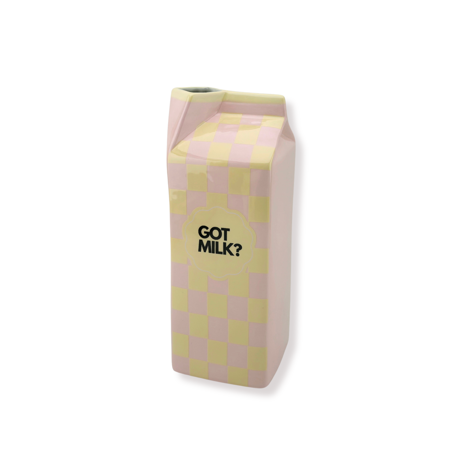Bloemenvaas - Melkpak Vaas 'Got Milk'  - Roze/Geel - Dolomiet - 10x10x25,5cm