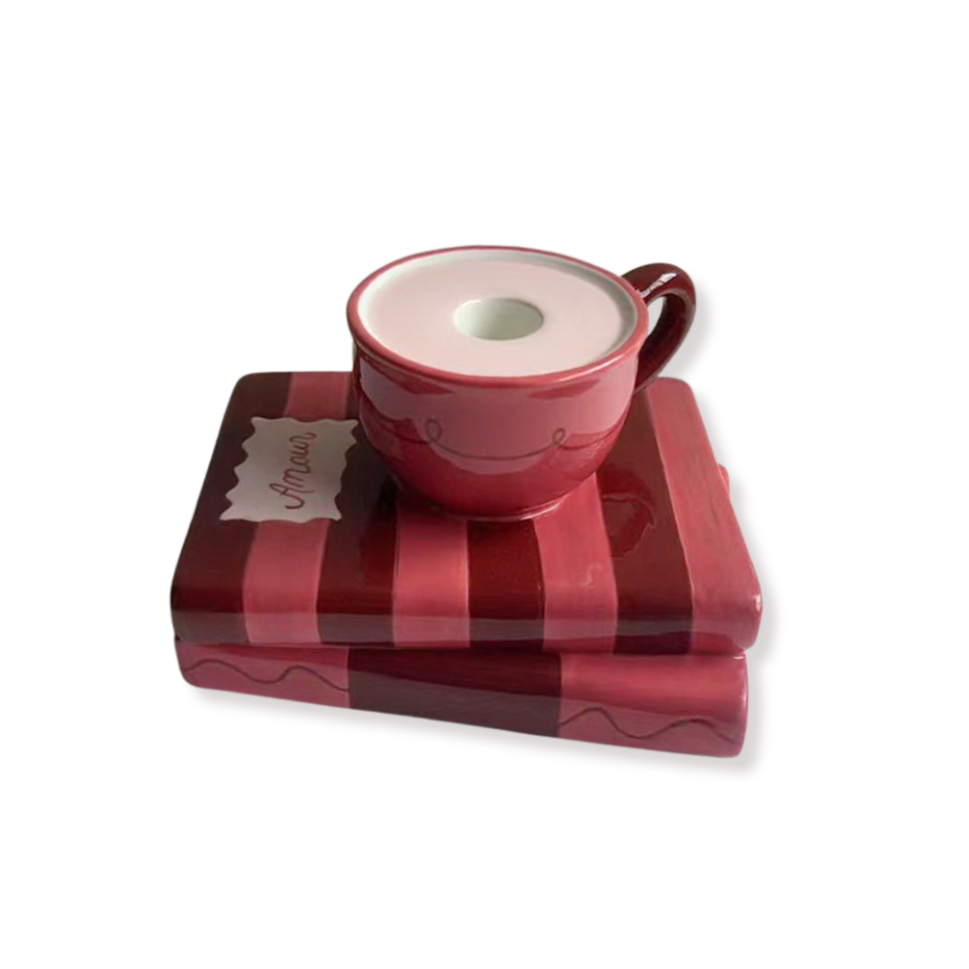 Kandelaar - Kopje op stapel boeken  - Rood/Roze - Dolomiet - 16,5x13,5x9,5cm