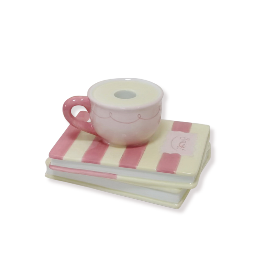 Candlestick - Cup on stack of books - Yellow/Pink - Dolomite - 16.5x13.5x9.5cm