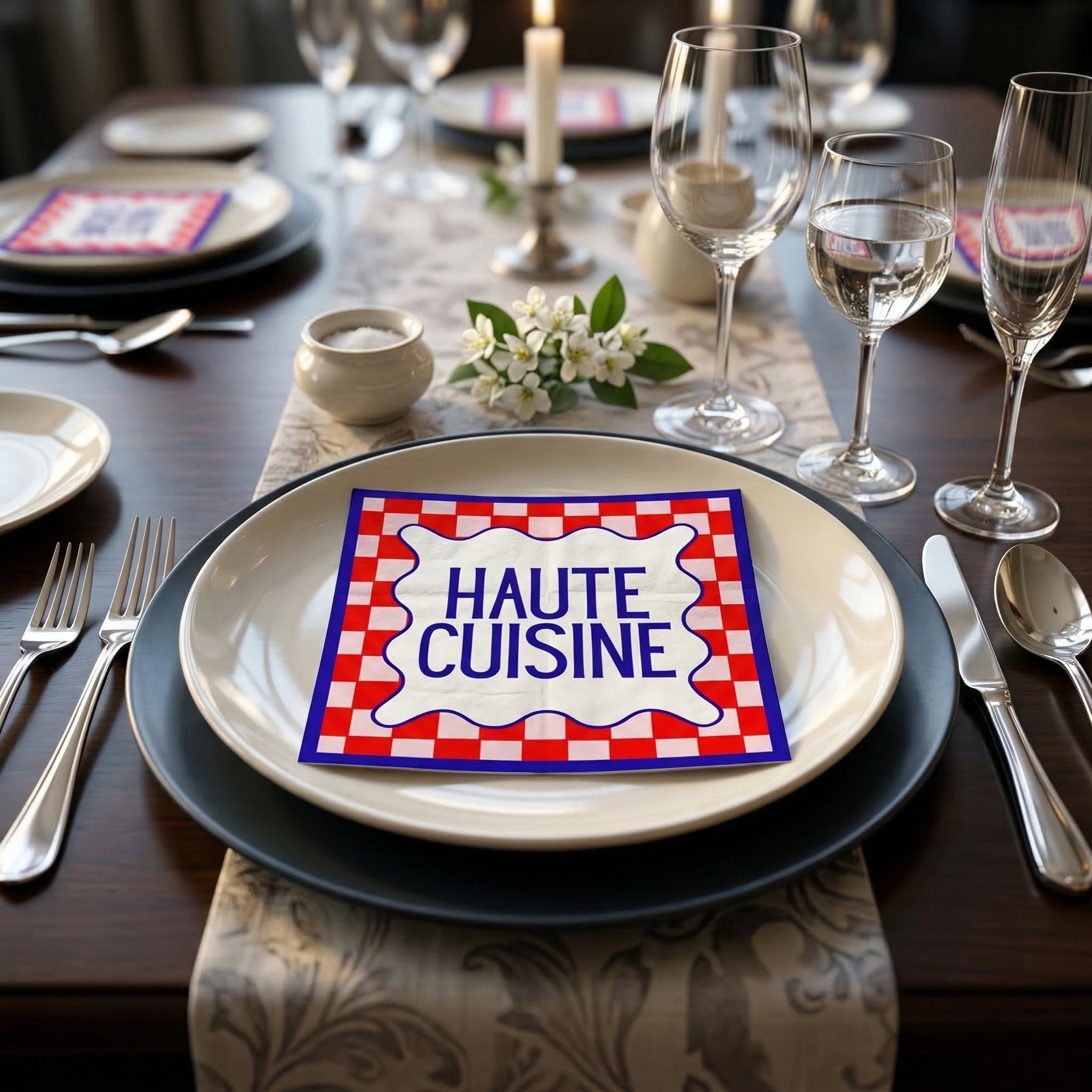 Papieren Servetten 33x33 cm – 3-Laags – FSC –Rood/Blauw/Lichtroze – 'Haute Cuisine' – 20 Stuks