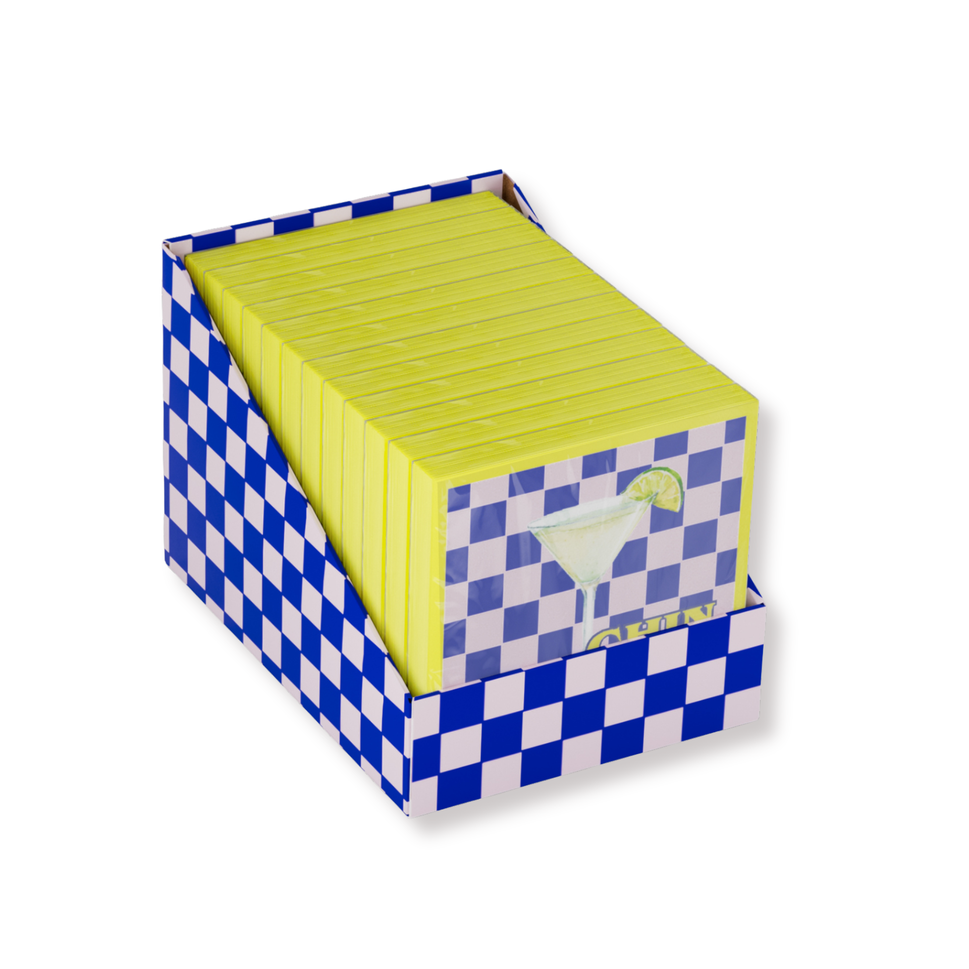 Papieren Servetten 33x33 cm – 3-Laags – FSC –Geel/Blauw/Roze – 'Chin chin' – 20 Stuks