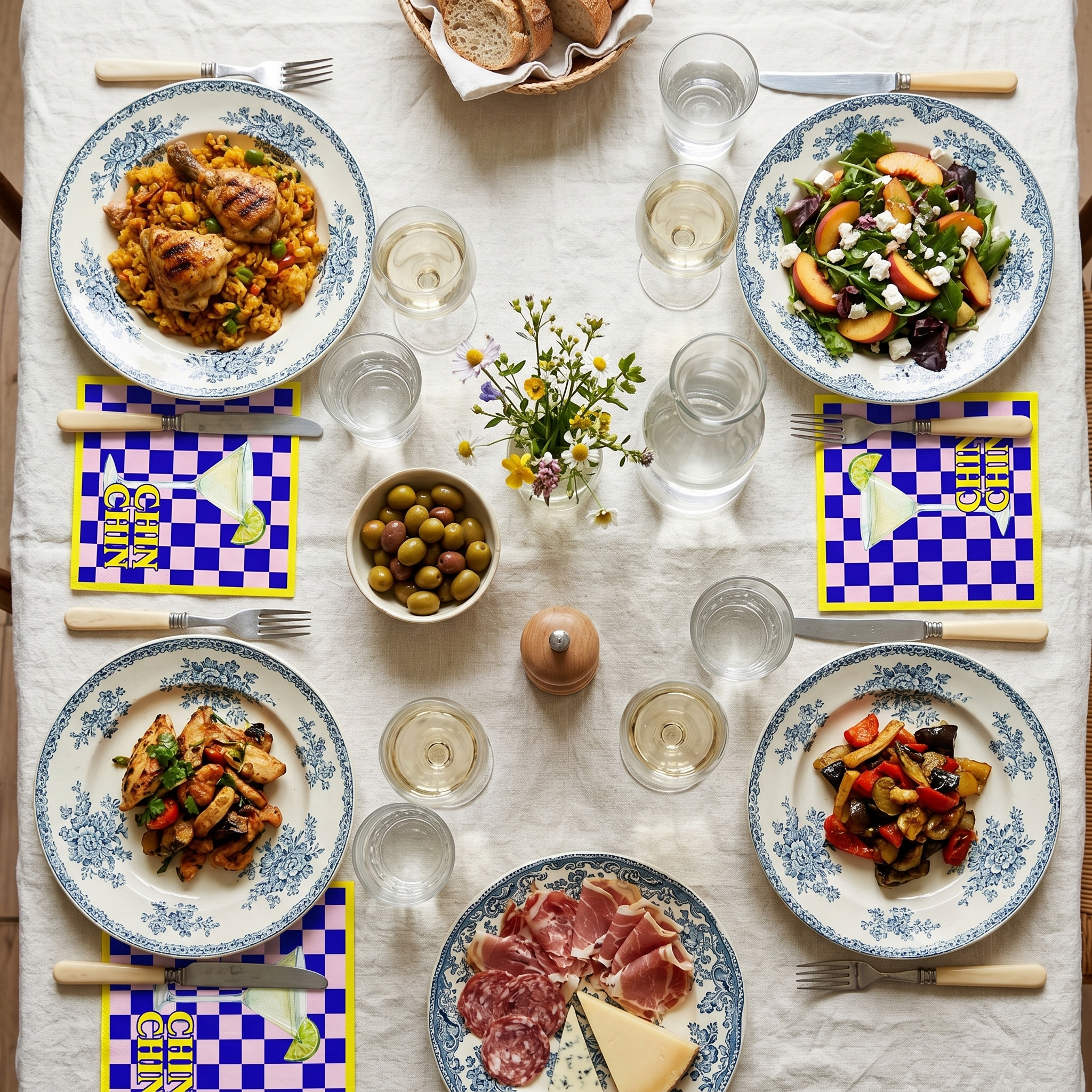 Papieren Servetten 33x33 cm – 3-LaPapieren Servetten - "Chin Chin" - Geel/Blauw/Roze - 3-Laags - FSC - 33x33 cm  - 20 Stuksags – FSC –Geel/Blauw/Roze – 'Chin chin' – 20 Stuks