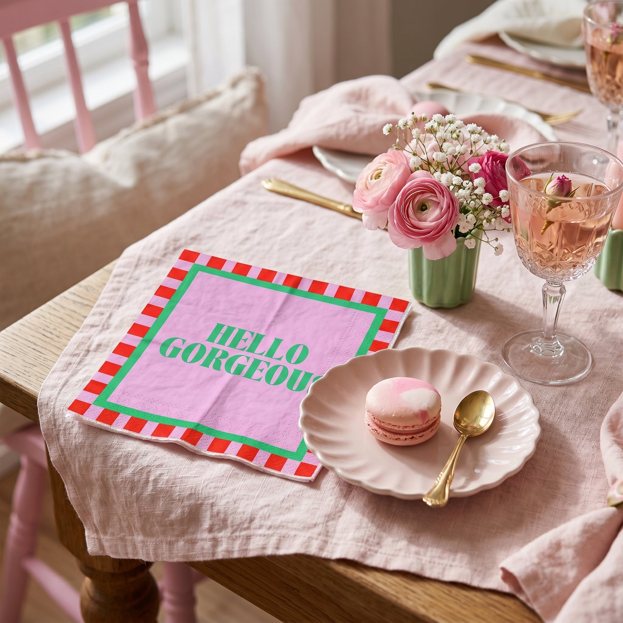 Papieren Servetten - "Hello Gorgeous" - Roze/Rood/Groen - 3-Laags - FSC - 33x33 cm  - 20 Stuks