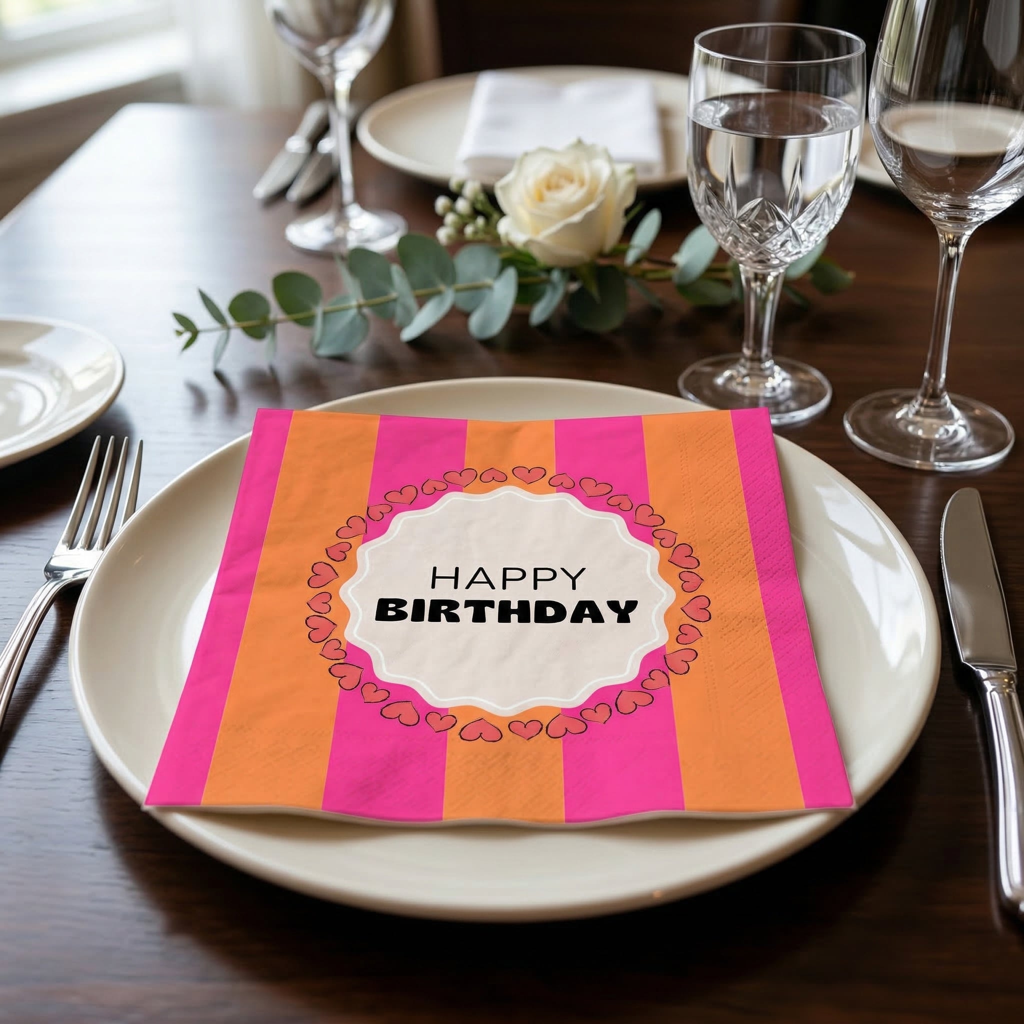Papieren Servetten 33x33 cm – 3-Laags – FSC – Roze/Oranje – 'Happy Birthday' – 20 Stuks