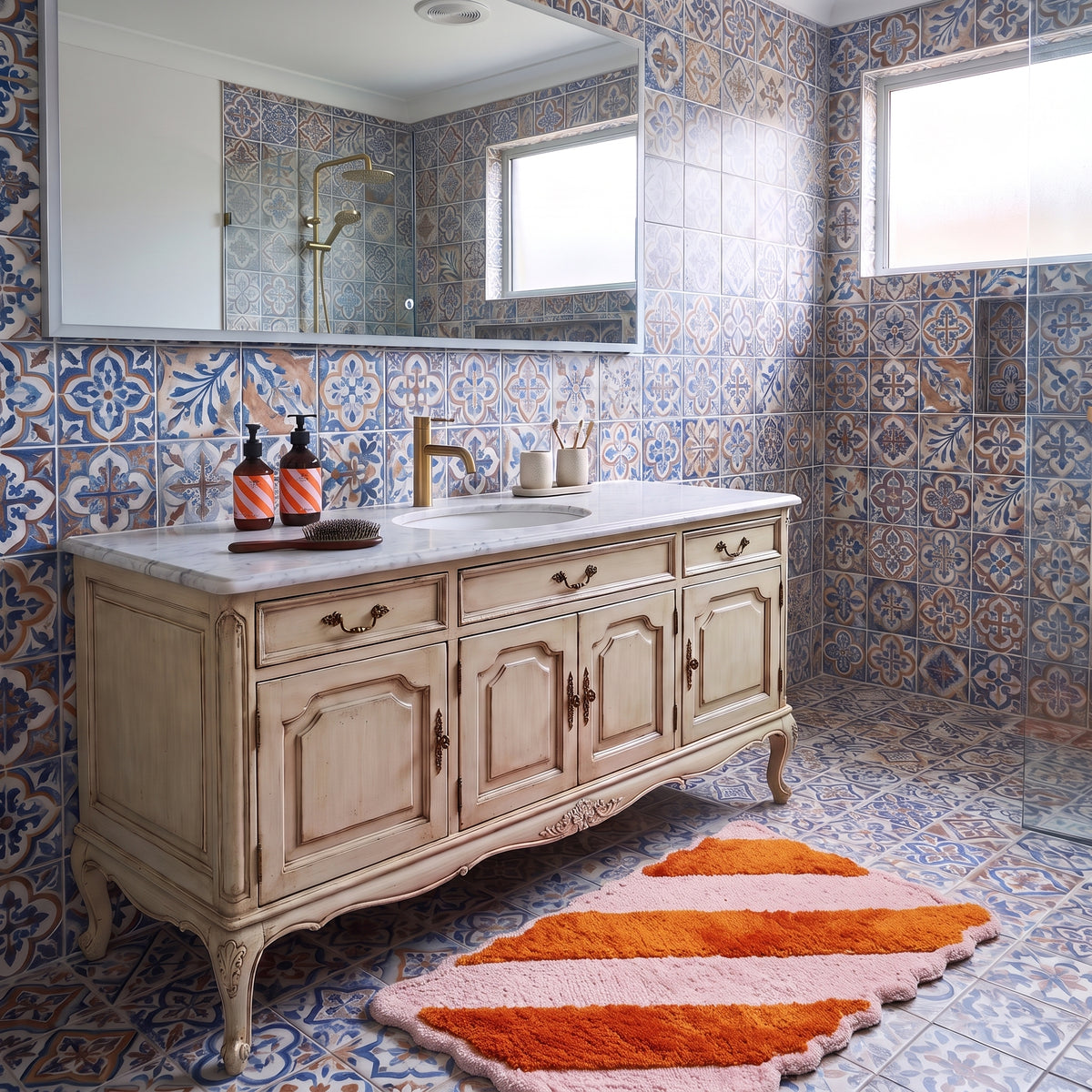 Badmat - Gestreept - Katoen/ Polyester - Lichtroze/ Oranje -  80x50x1 cm