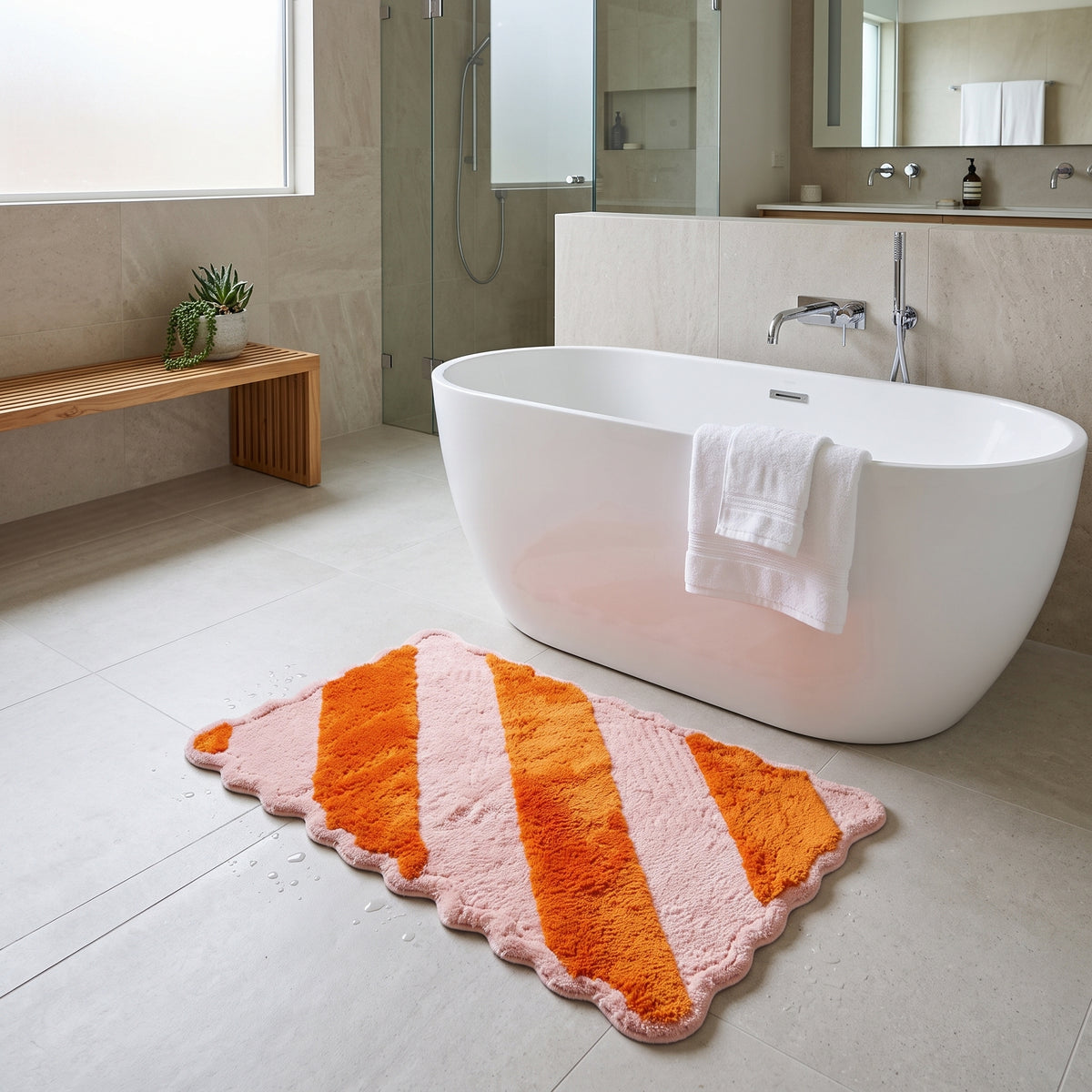 Badmat - Gestreept - Katoen/ Polyester - Lichtroze/ Oranje -  80x50x1 cm