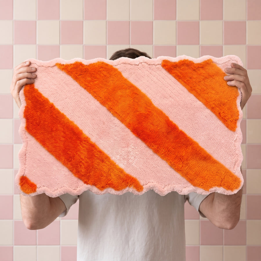Badmat - Gestreept - Katoen/ Polyester - Lichtroze/ Oranje -  80x50x1 cm