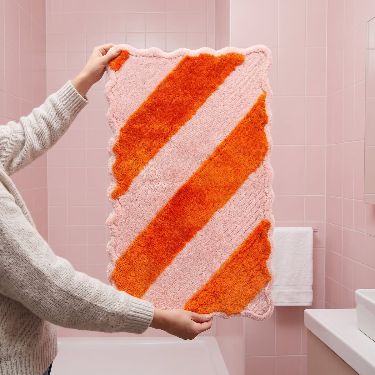 Badmat - Gestreept - Katoen/ Polyester - Lichtroze/ Oranje -  80x50x1 cm