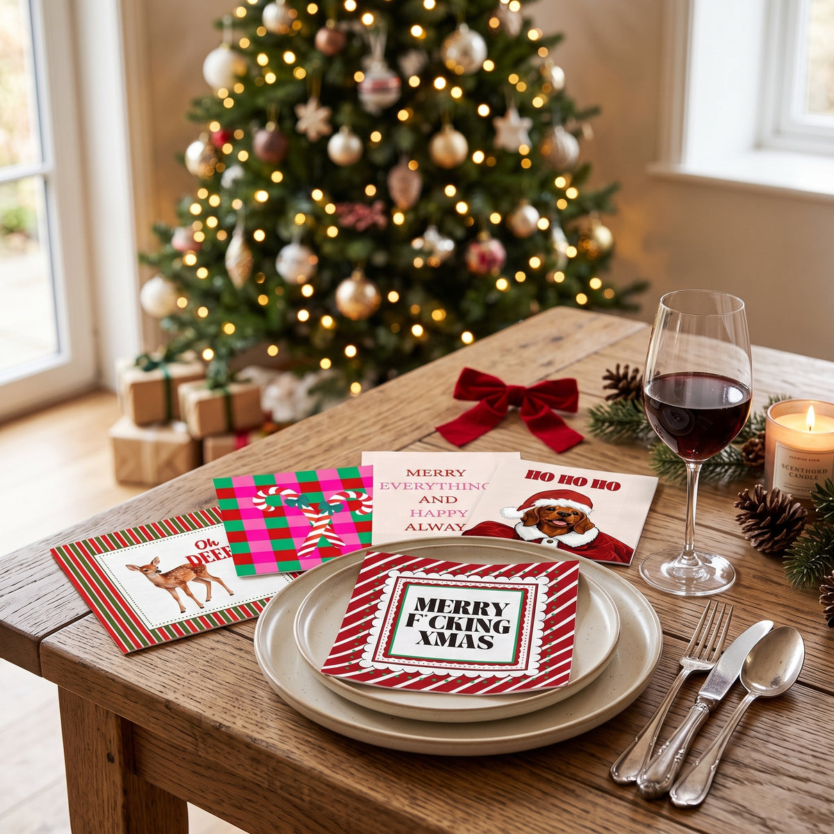 Papieren Servetten - Kerst Servet "Teckel Ho Ho Ho" - Rood/ Zand - 3-Laags - FSC - 33x33 cm - 20 Stuks