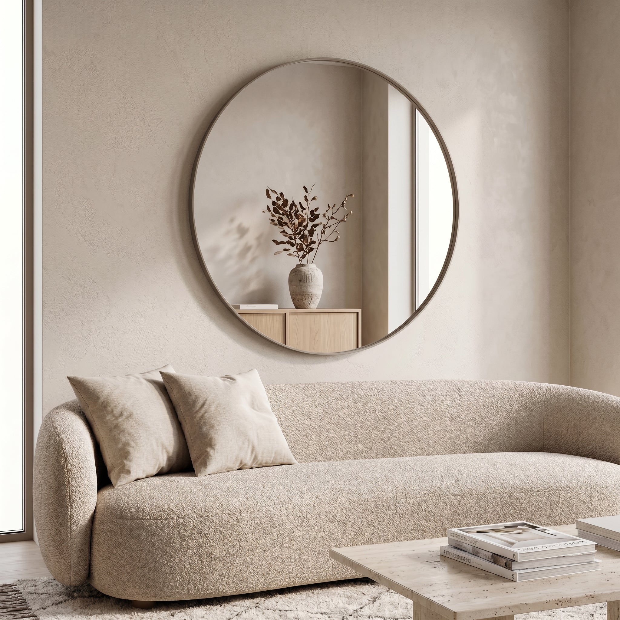 Spiegels - Wandspiegel Rond Ø80 cm - Metalen rand – Taupe