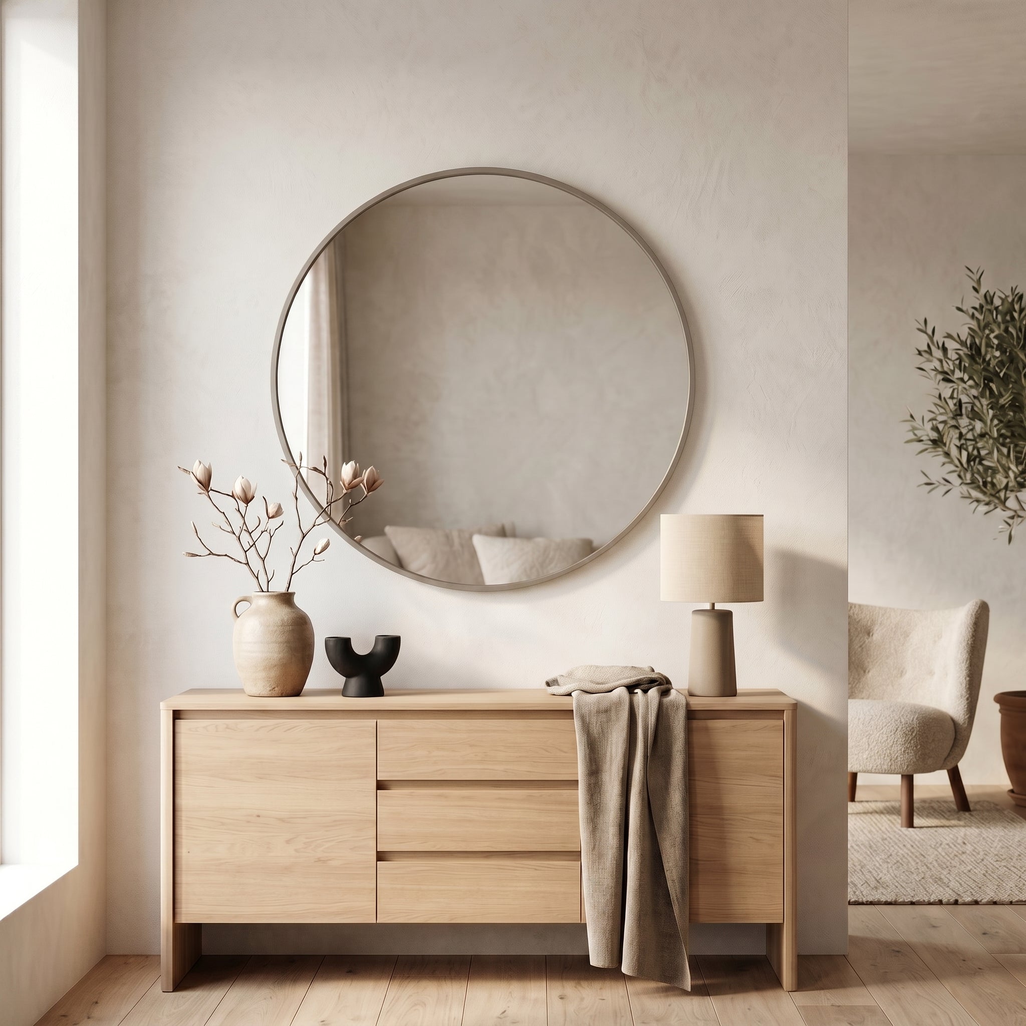 Spiegels - Wandspiegel Rond Ø80 cm - Metalen rand – Taupe